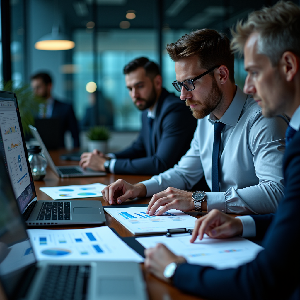Profissionais de investimento analisando dados financeiros em escritório moderno com gráficos e relatórios, ambiente corporativo sofisticado com tecnologia avançada