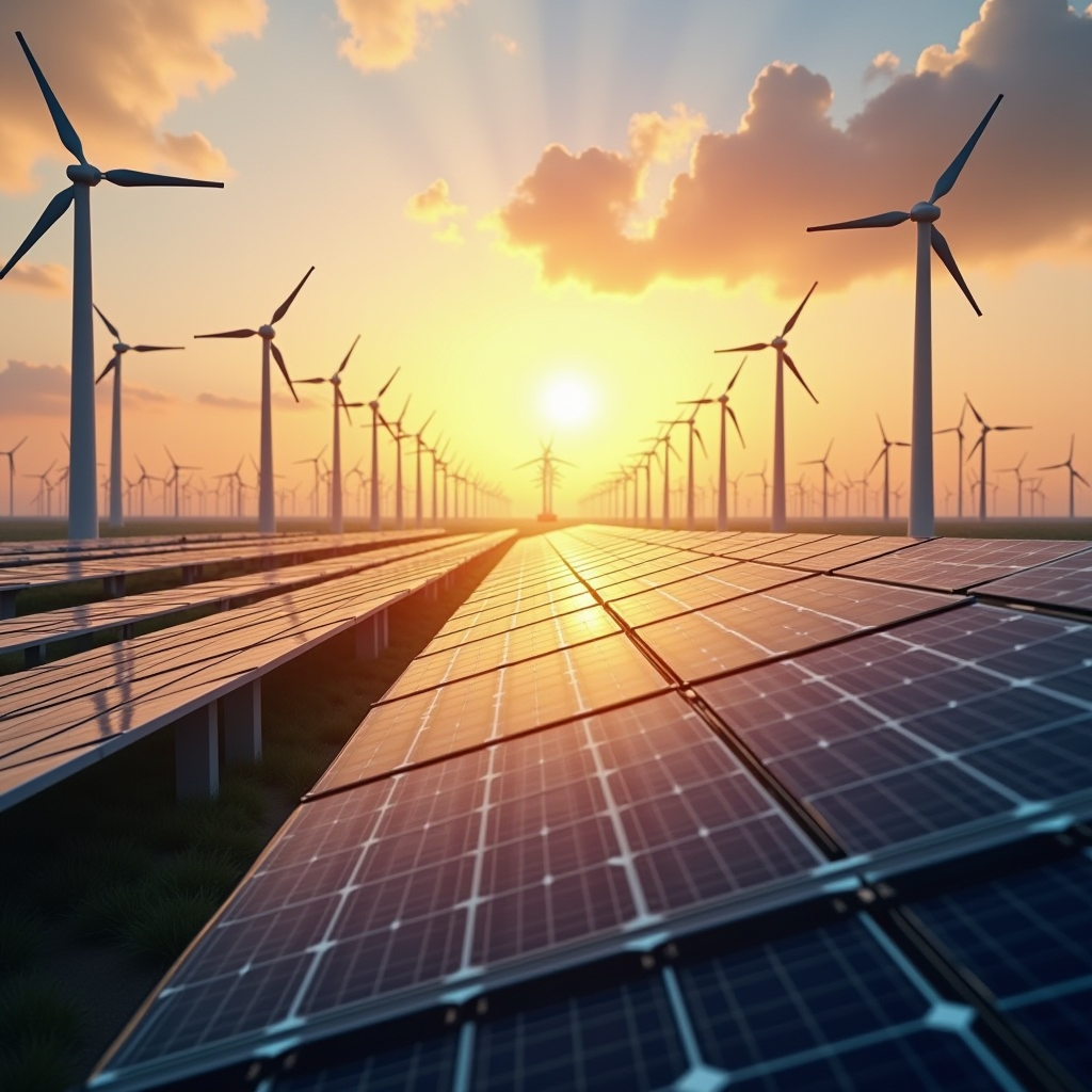 Panoramic view of modern solar panel arrays and wind turbines in a renewable energy farm at sunset, with investment charts and financial data overlays showing capital flow trends and portfolio diversification metrics