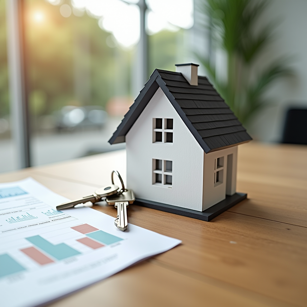 Casa moderna com chaves e documentos financeiros sobre mesa de madeira, representando soluções de financiamento imobiliário