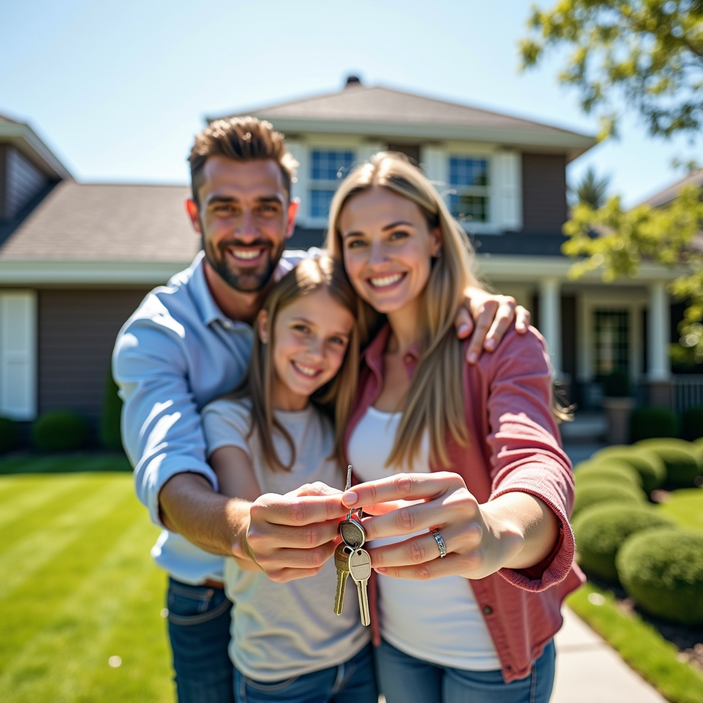 Família feliz em frente à sua nova casa própria, segurando as chaves, dia ensolarado, propriedade residencial moderna com jardim bem cuidado