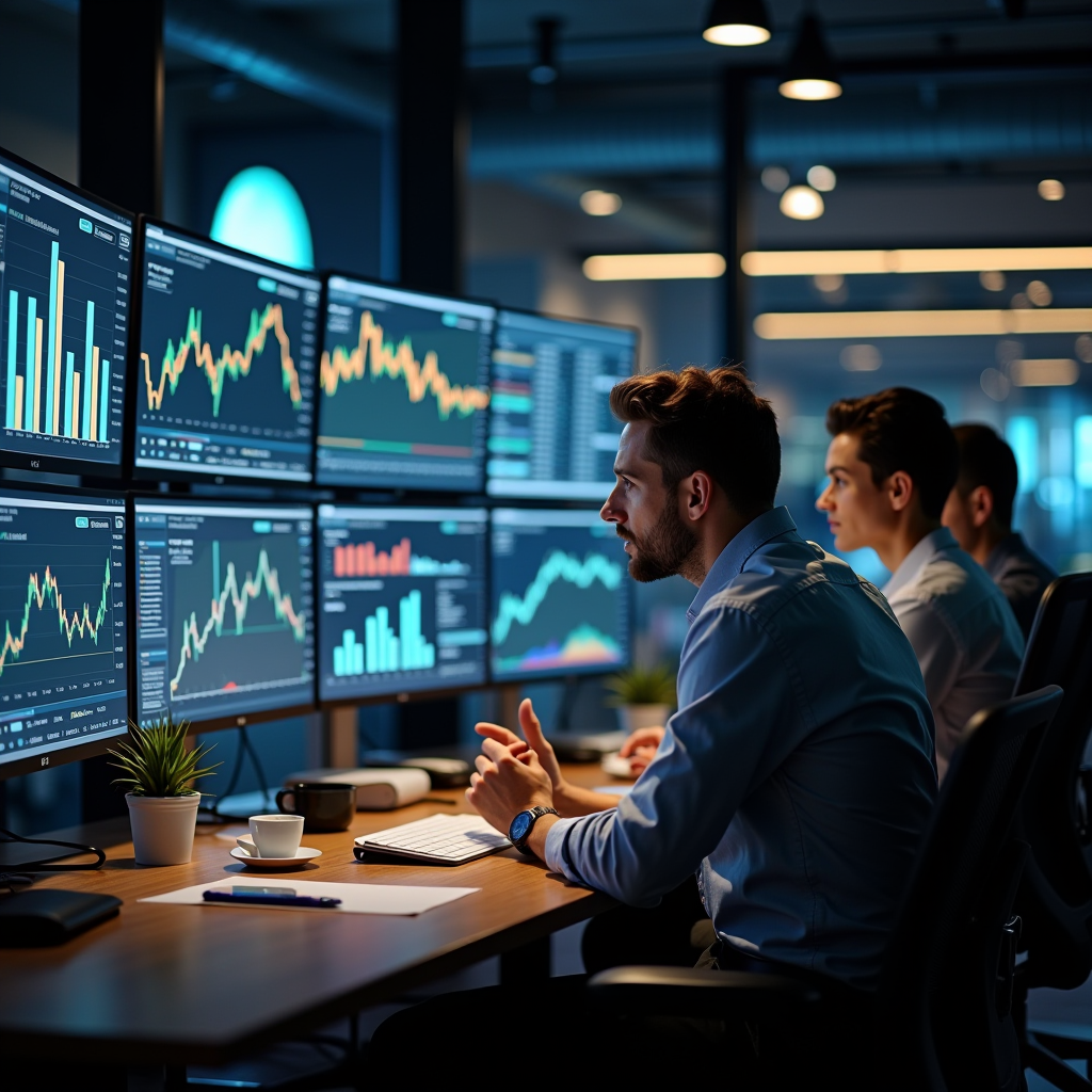 Equipa profissional de gestores de investimento analisando gráficos financeiros e dados de mercado em ambiente de escritório moderno com múltiplos monitores exibindo informações de ações, obrigações e fundos de investimento