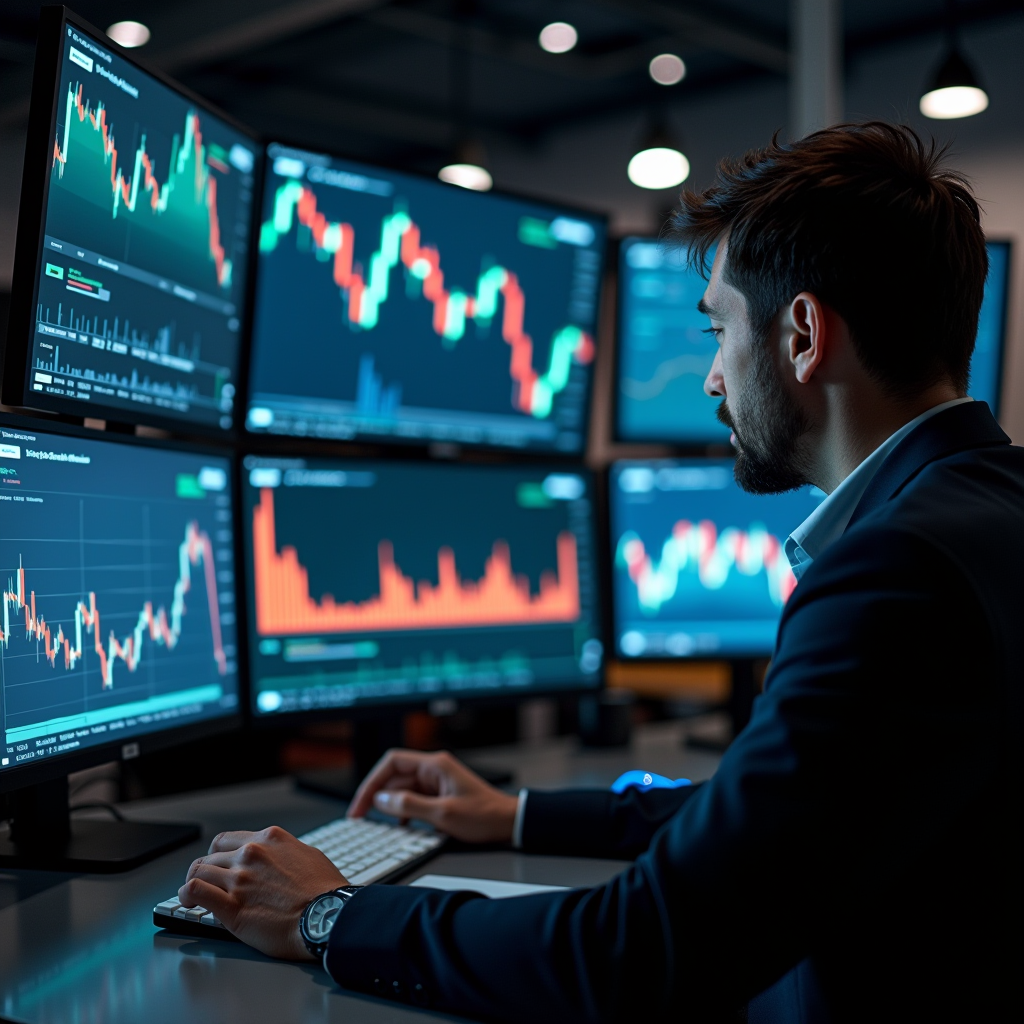 Profissional analisando gráficos financeiros e desempenho de carteira em múltiplos ecrãs, representando gestão de ativos