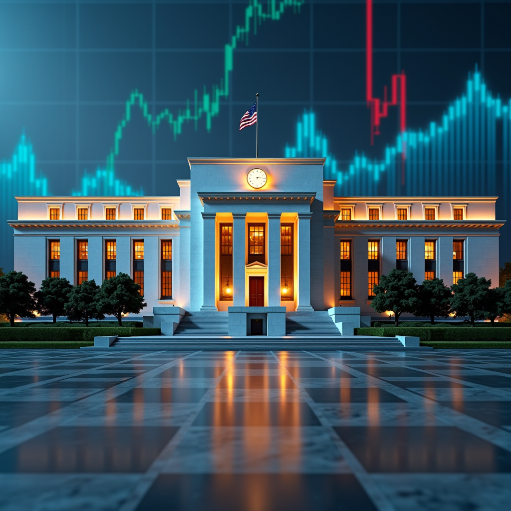 Edifícios de bancos centrais incluindo Federal Reserve, BCE e Banco de Inglaterra com gráficos de taxas de juros e indicadores de política monetária