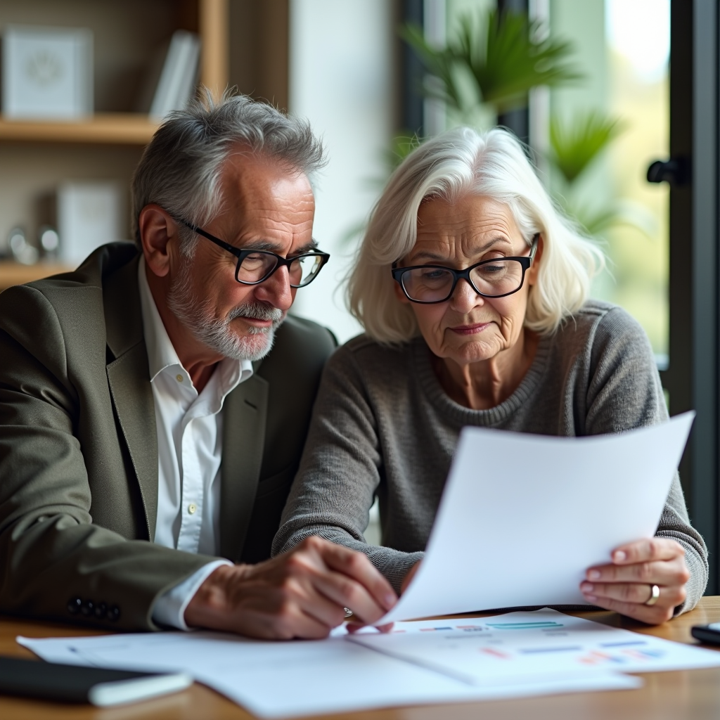 Casal sénior a rever plano de poupança para reforma com consultor financeiro, representando planeamento de reforma